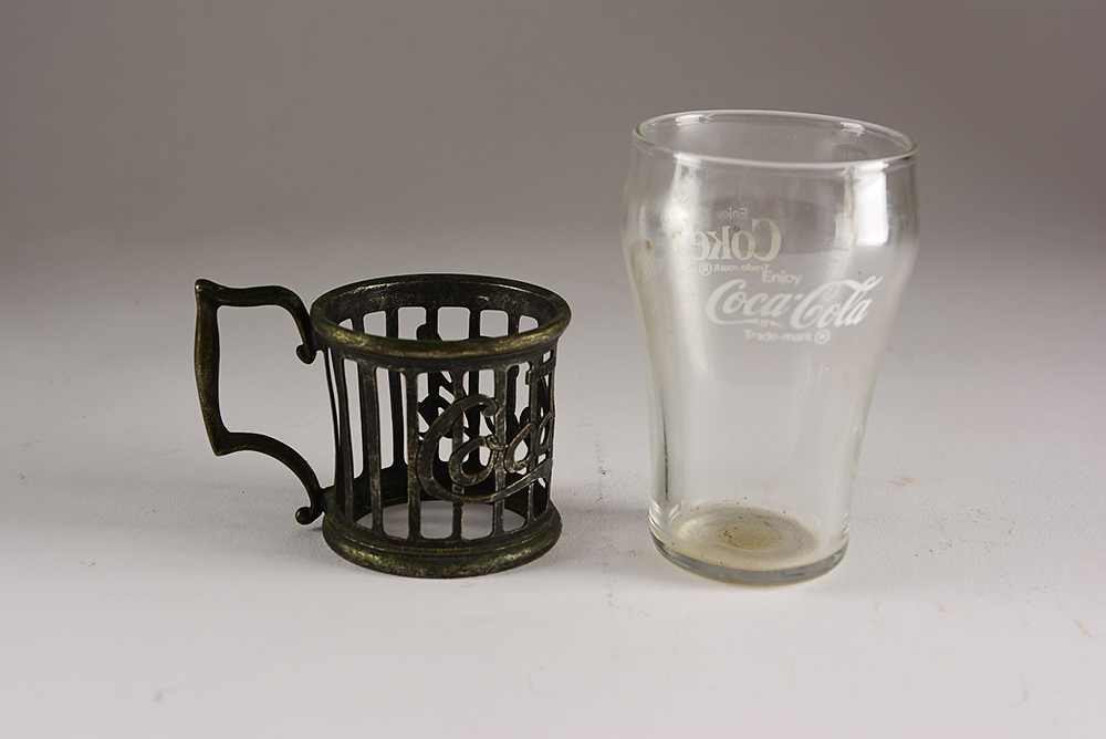 Vintage Coca-Cola Soda Fountain Syrup Glasses with Metal Cup Holders