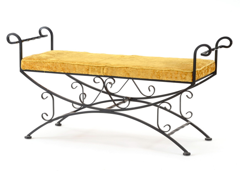 Scrolled Iron Bench With Velvet Seat Cushion