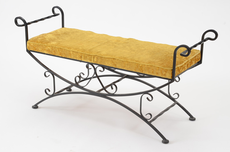 Scrolled Iron Bench With Velvet Seat Cushion
