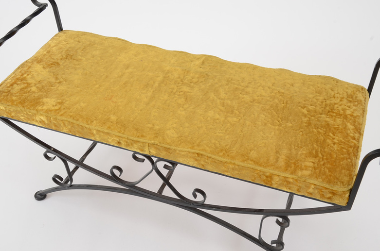 Scrolled Iron Bench With Velvet Seat Cushion
