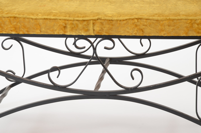 Scrolled Iron Bench With Velvet Seat Cushion