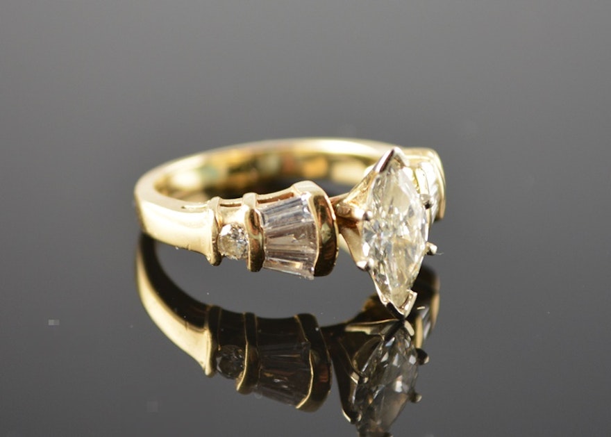 14K Yellow Gold Marquise Diamond Ring With Baguettes and Rounds