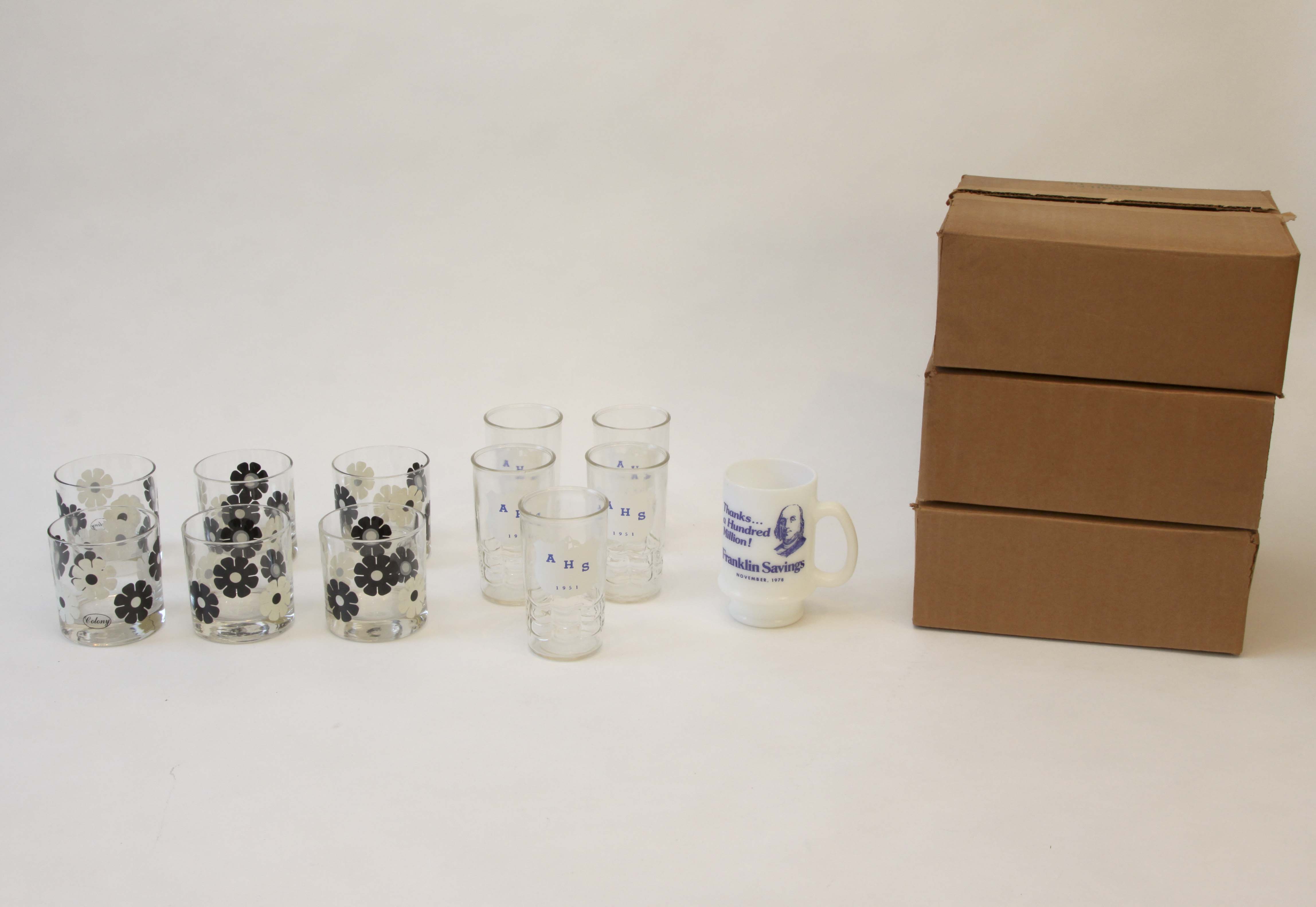 Assorted Glass Sets and Franklin Savings Coffee Mugs