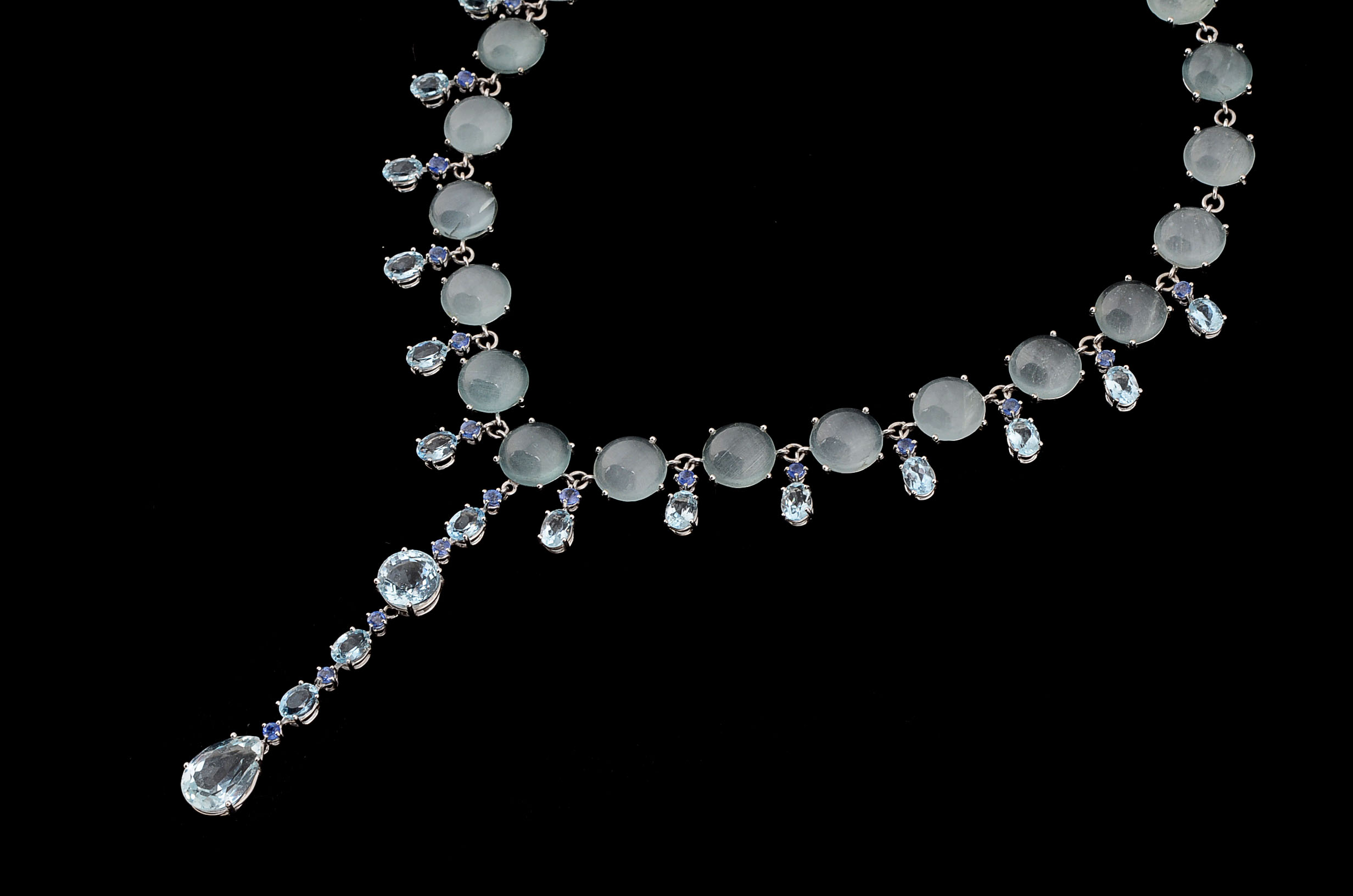 Custom Made 18K White Gold Aquamarine, and Blue Sapphire Necklace