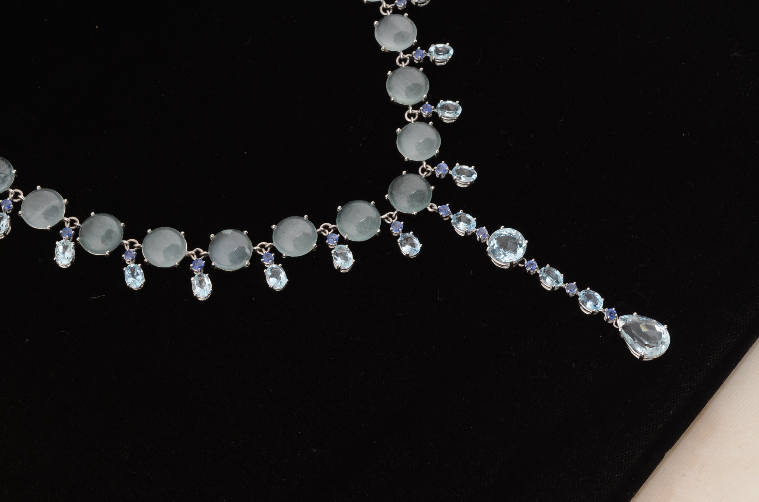 Custom Made 18K White Gold Aquamarine, and Blue Sapphire Necklace