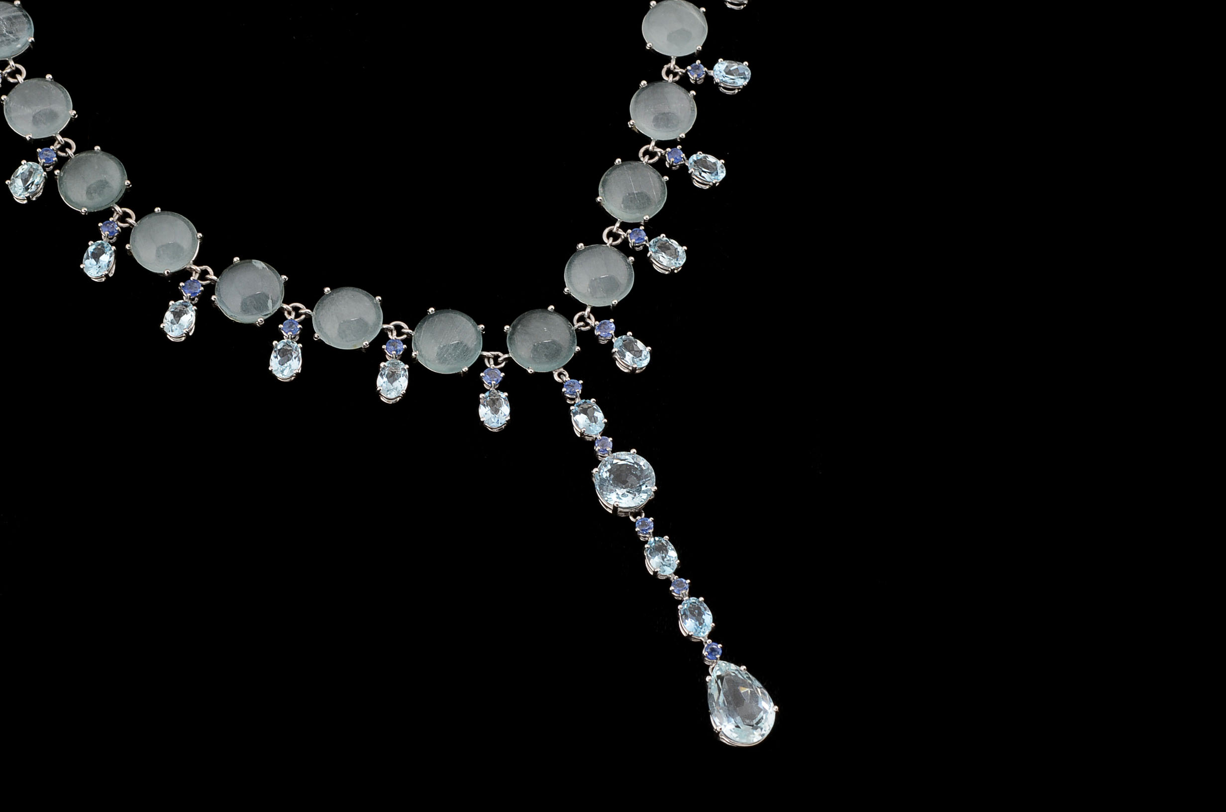 Custom Made 18K White Gold Aquamarine, and Blue Sapphire Necklace