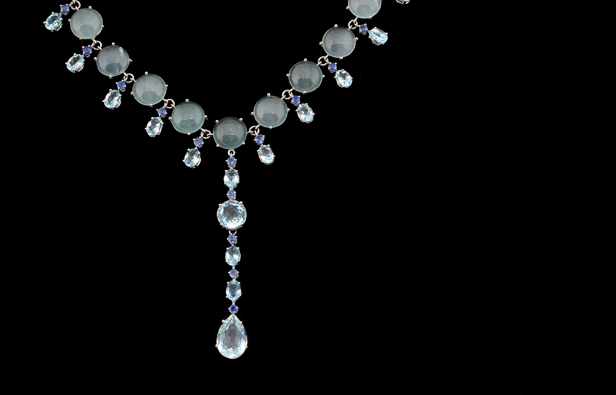 Custom Made 18K White Gold Aquamarine, and Blue Sapphire Necklace