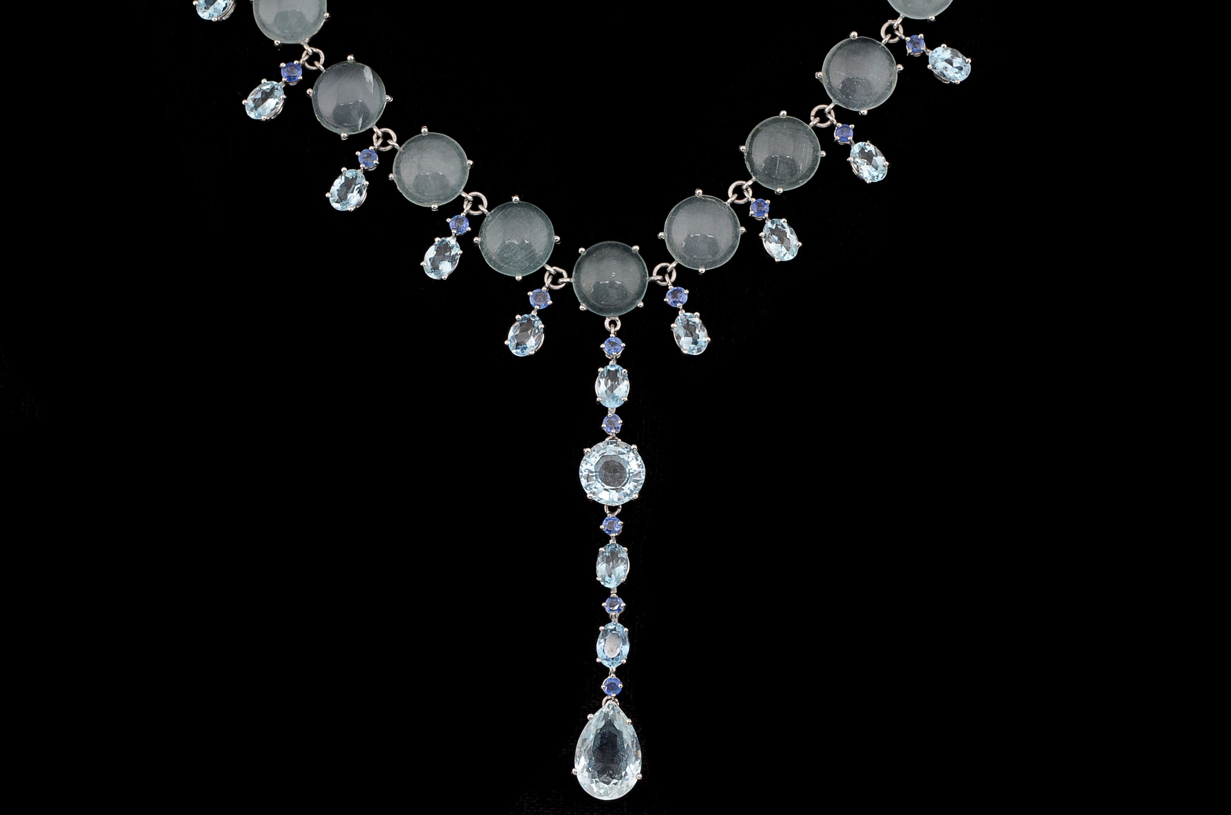 Custom Made 18K White Gold Aquamarine, and Blue Sapphire Necklace