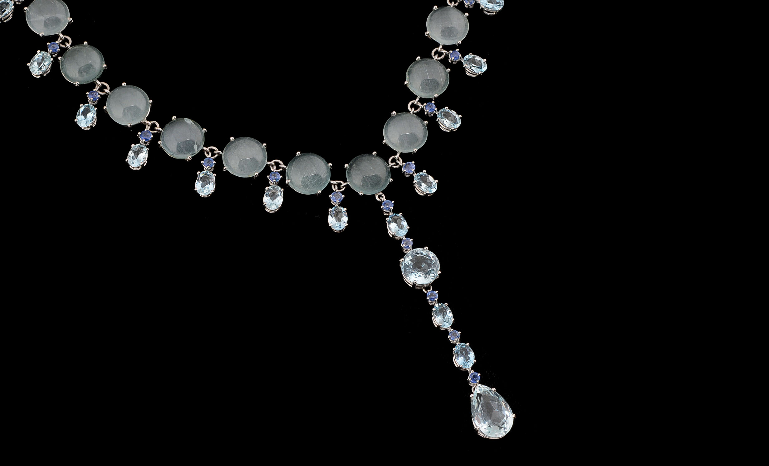 Custom Made 18K White Gold Aquamarine, and Blue Sapphire Necklace