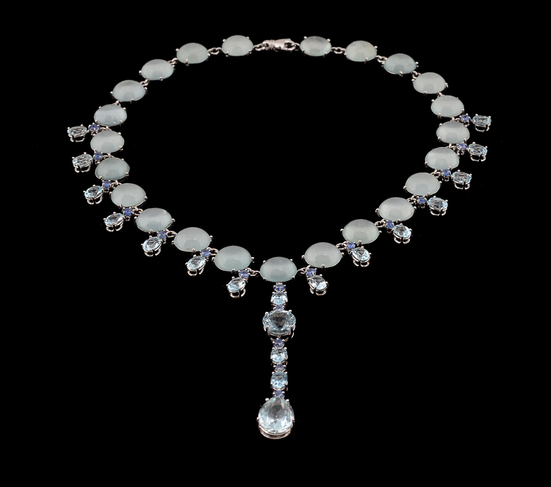 Custom Made 18K White Gold Aquamarine, and Blue Sapphire Necklace