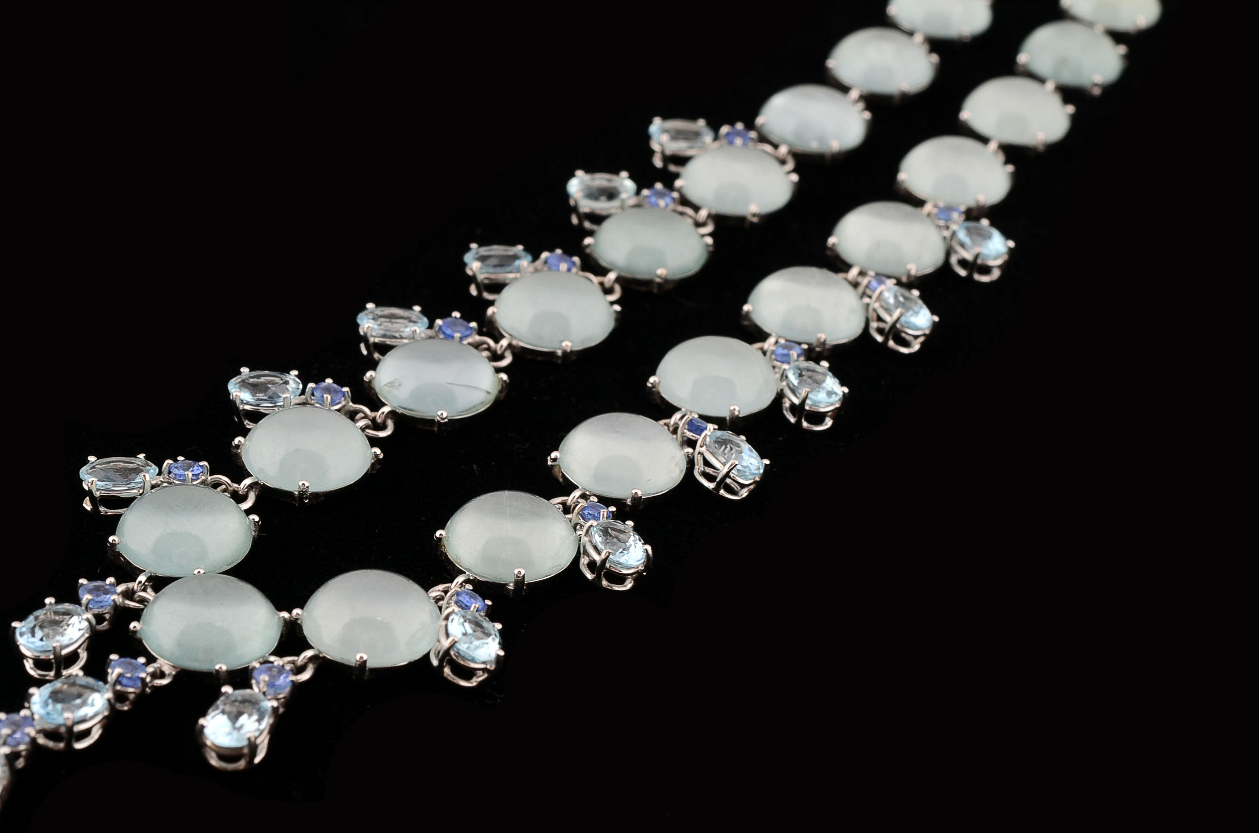 Custom Made 18K White Gold Aquamarine, and Blue Sapphire Necklace