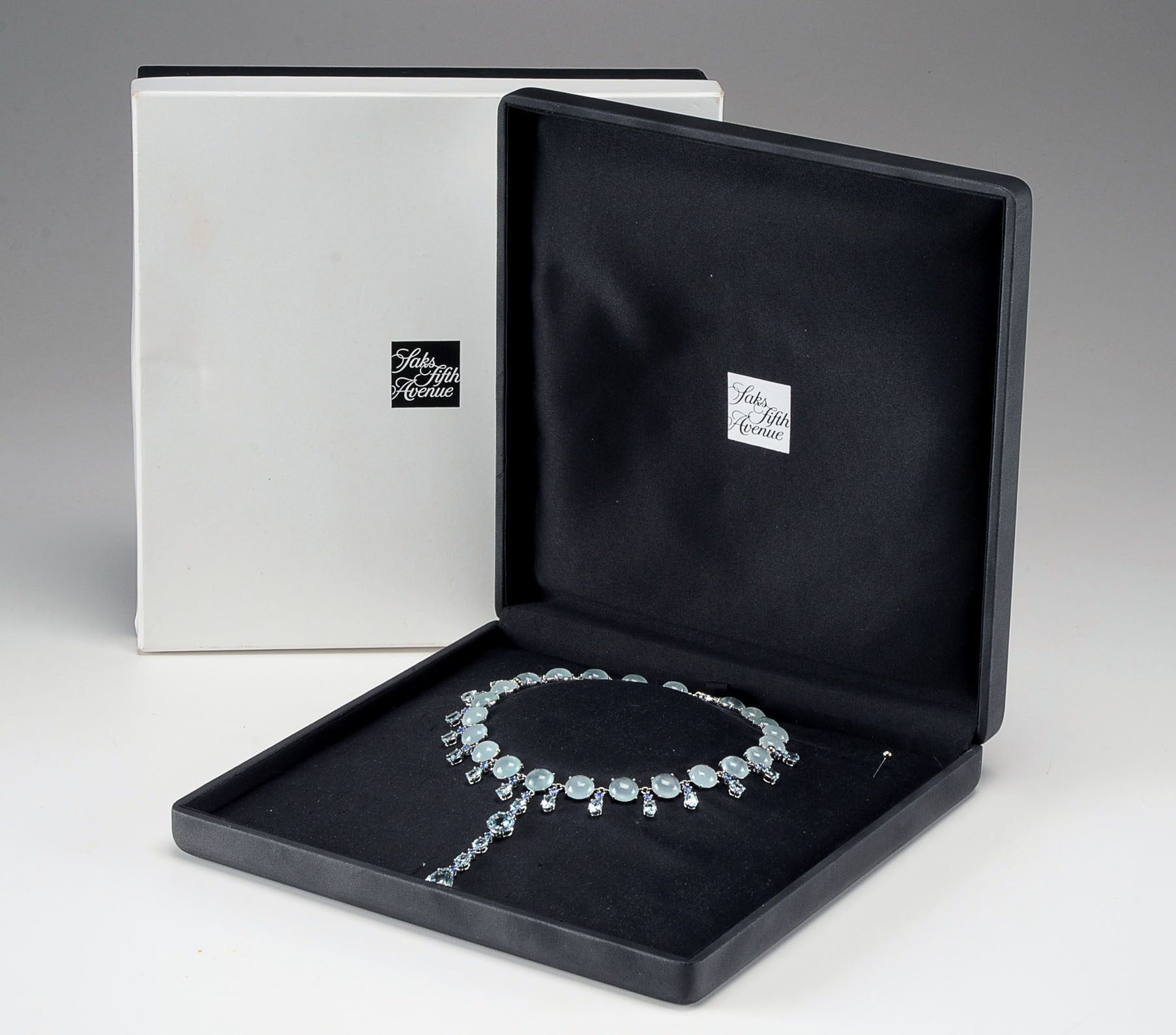 Custom Made 18K White Gold Aquamarine, and Blue Sapphire Necklace