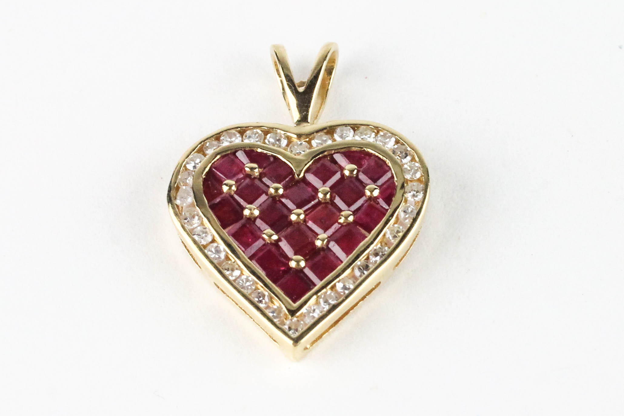 14K Yellow Gold Diamond and Ruby Heart Pendant