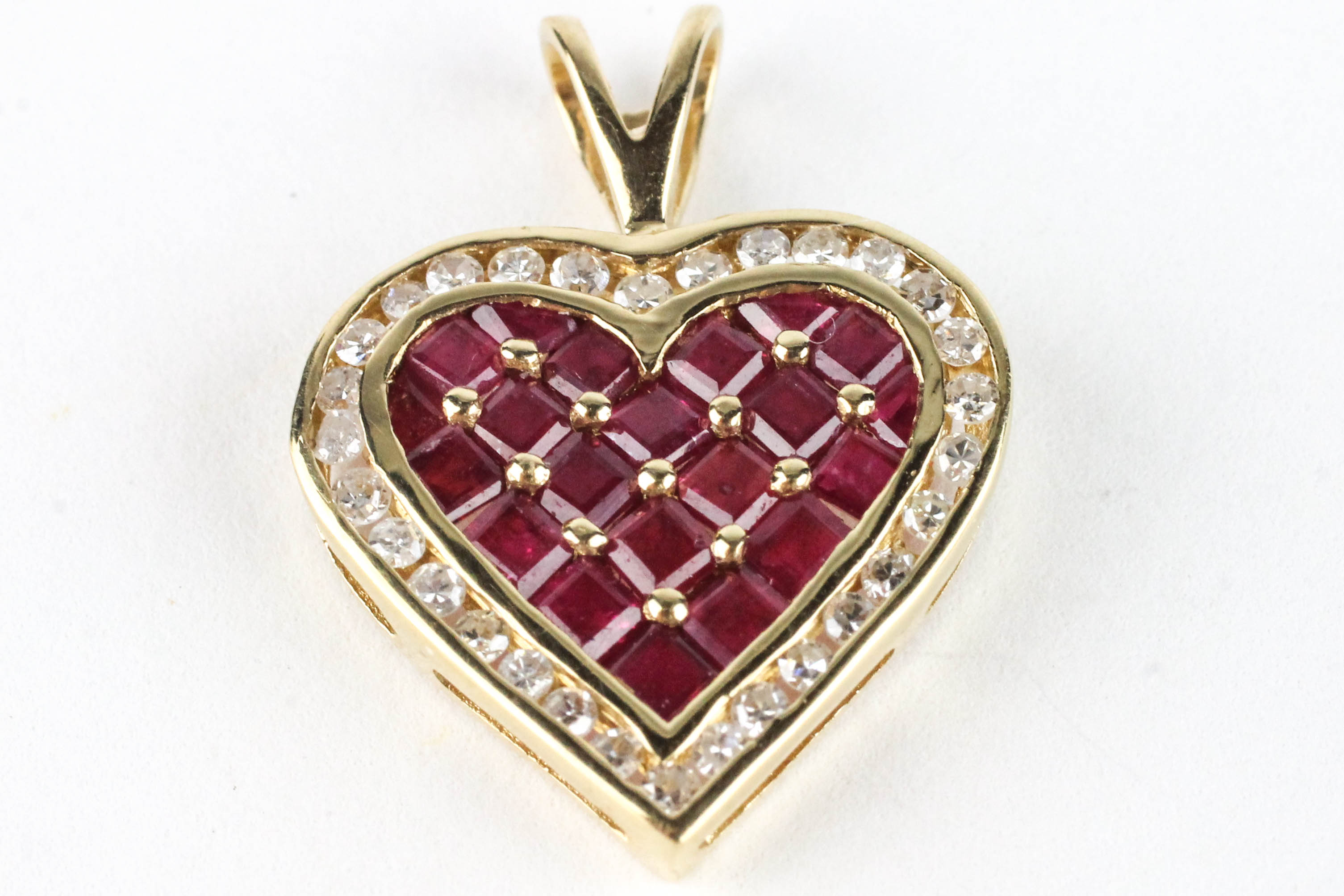 14K Yellow Gold Diamond and Ruby Heart Pendant