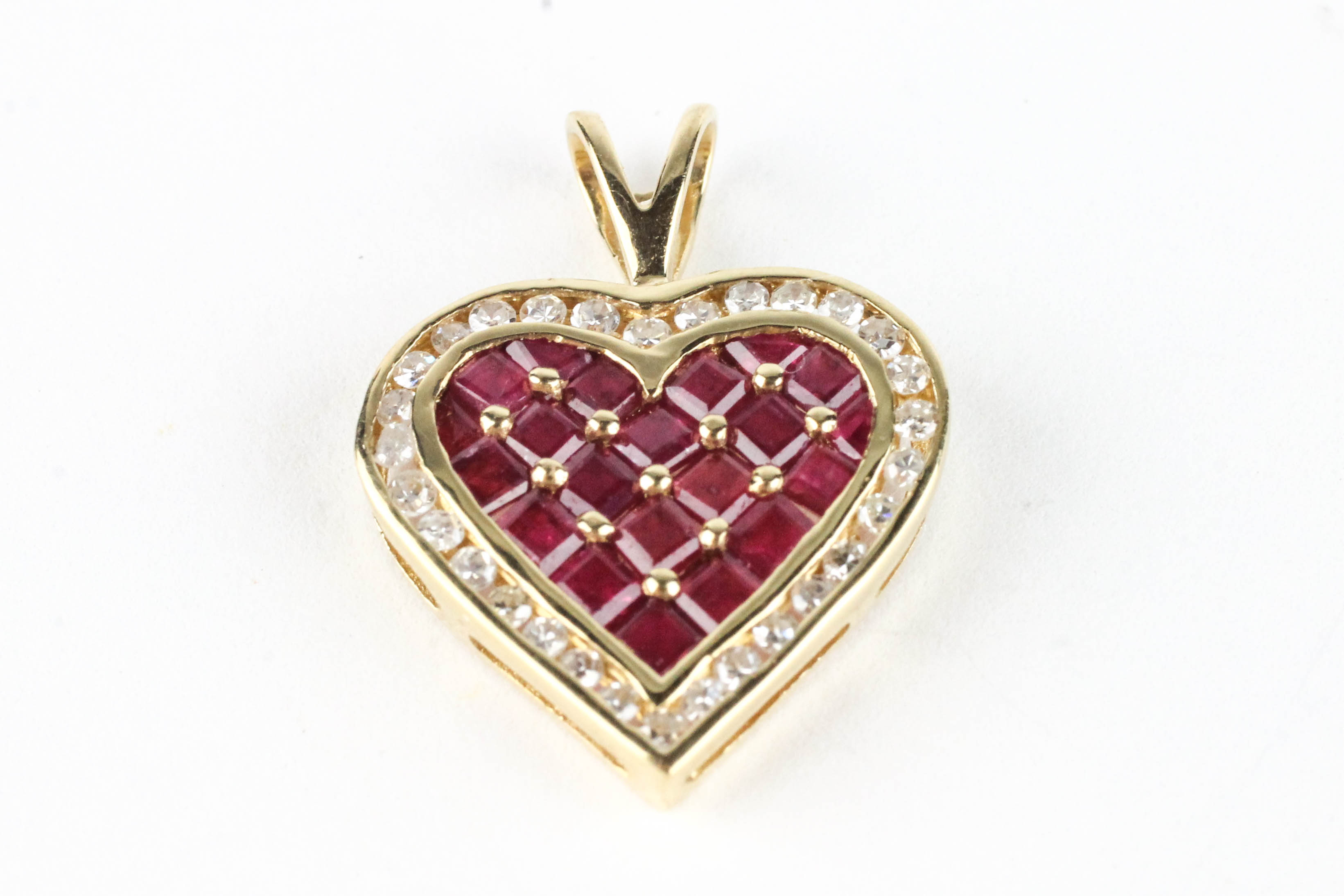 14K Yellow Gold Diamond and Ruby Heart Pendant