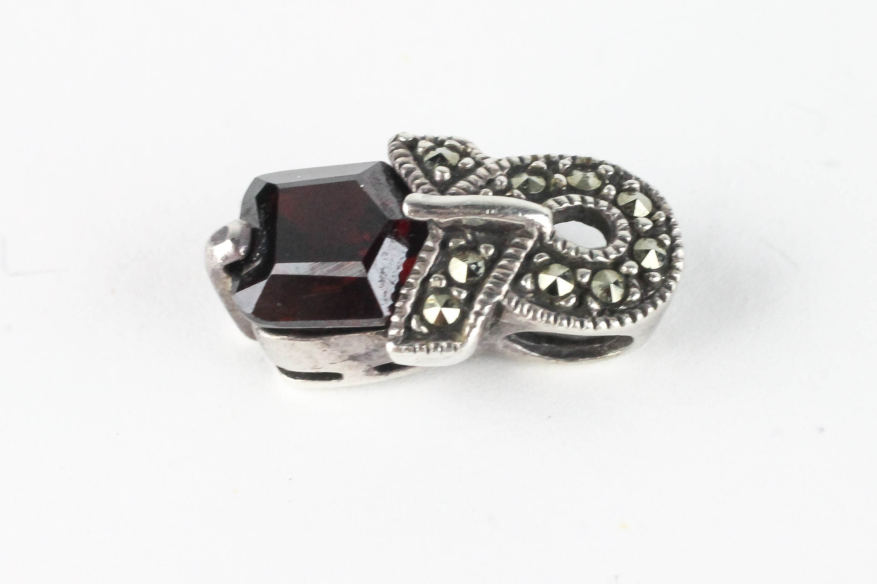 Sterling Silver Garnet and Marcasite Earrings and Pendant