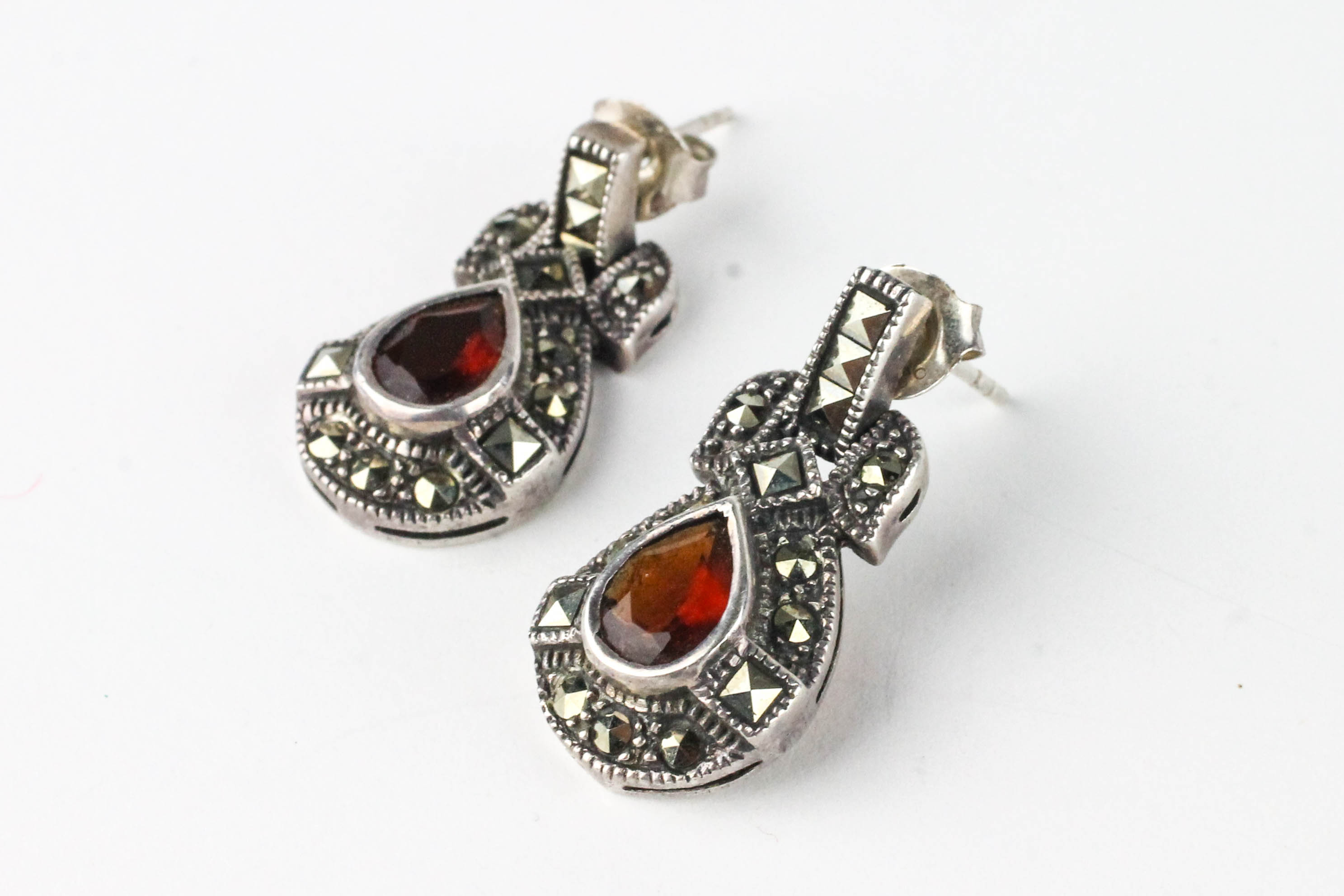 Sterling Silver Garnet and Marcasite Earrings and Pendant