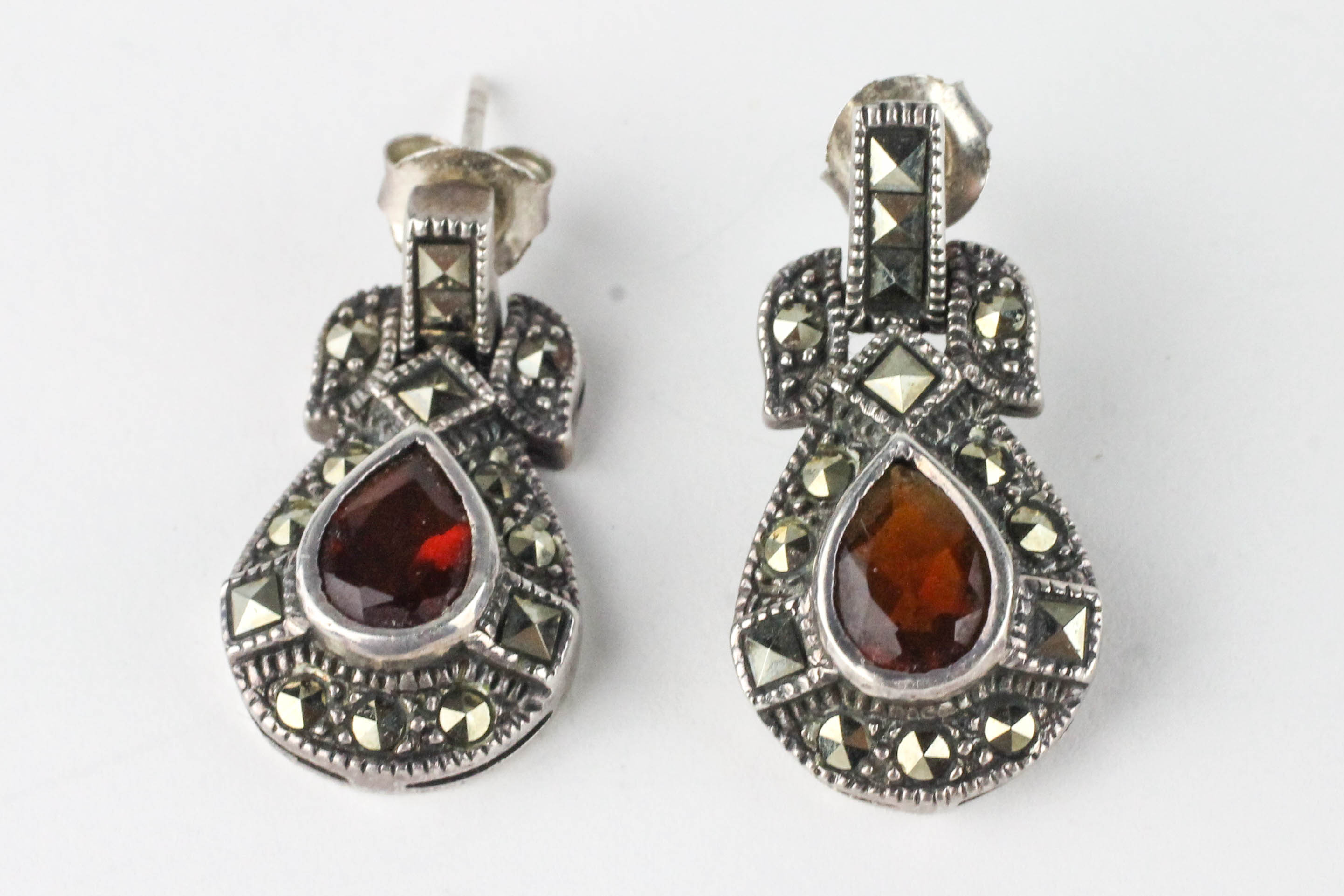 Sterling Silver Garnet and Marcasite Earrings and Pendant