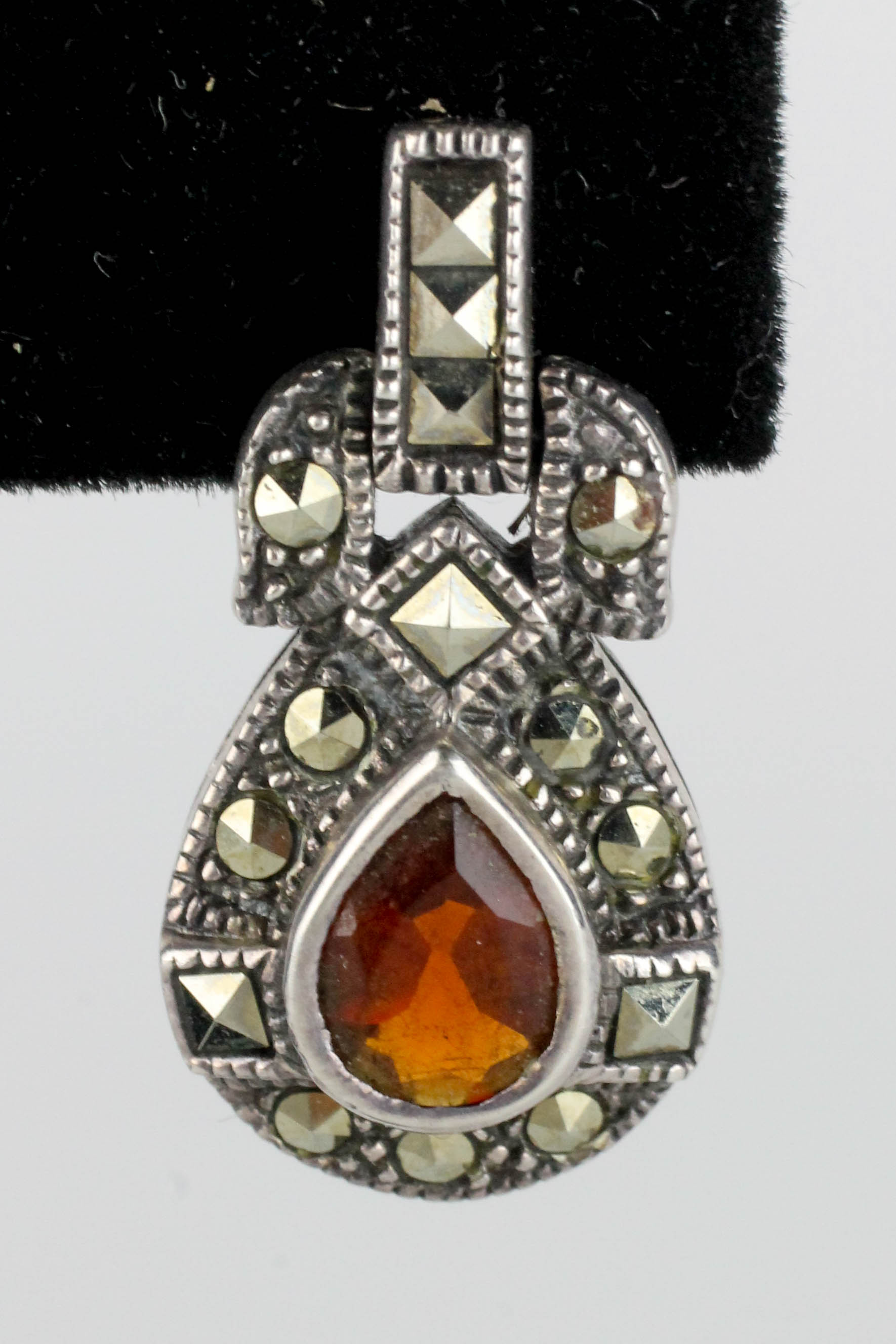 Sterling Silver Garnet and Marcasite Earrings and Pendant