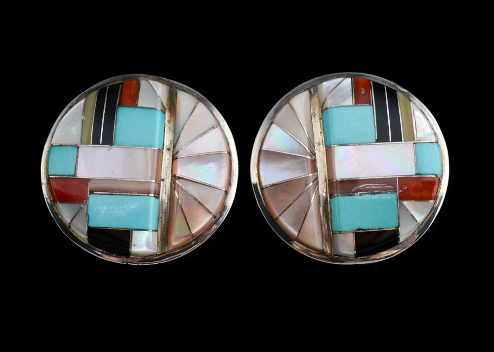 CS Lonjose Signed Zuni Inlaid Earrings
