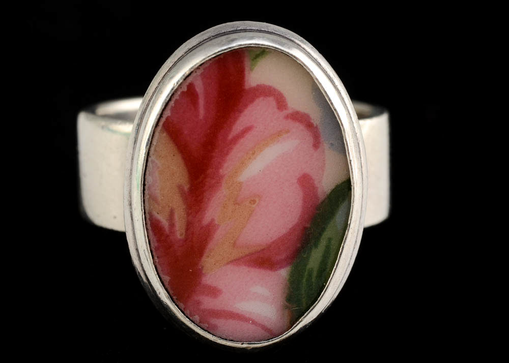 Handmade J. Lee Signed Sterling Silver Porcelain Shard Ring