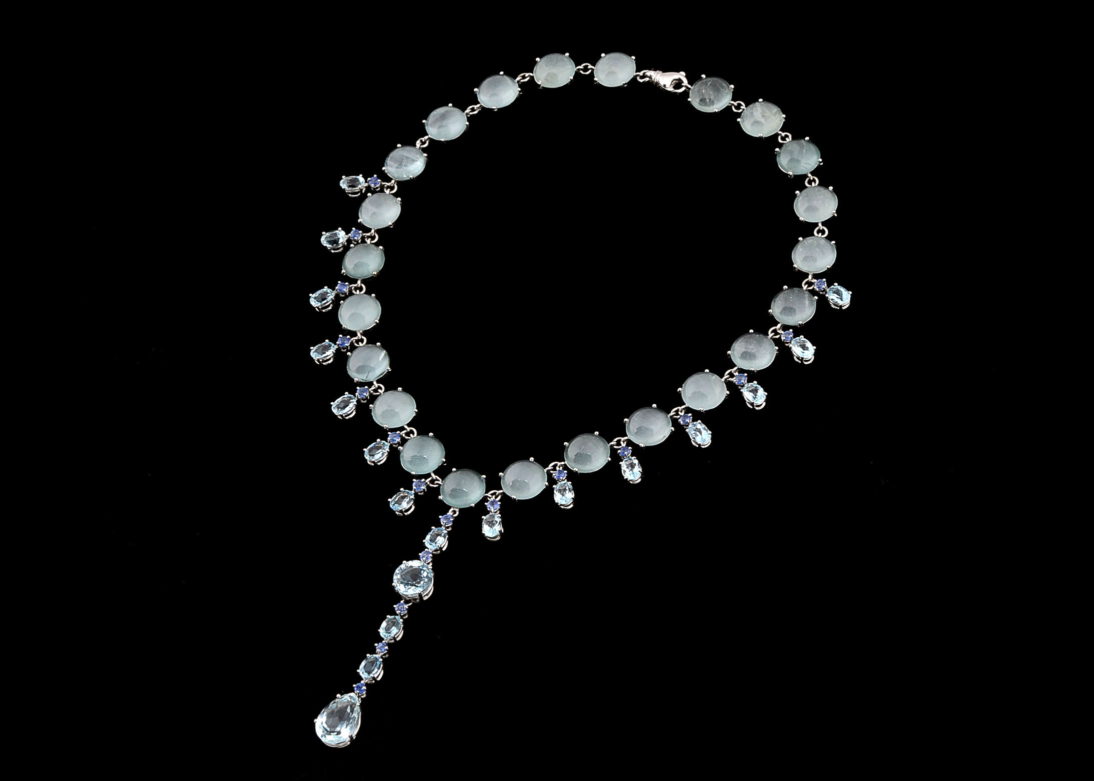 Custom Made 18K White Gold Aquamarine, and Blue Sapphire Necklace