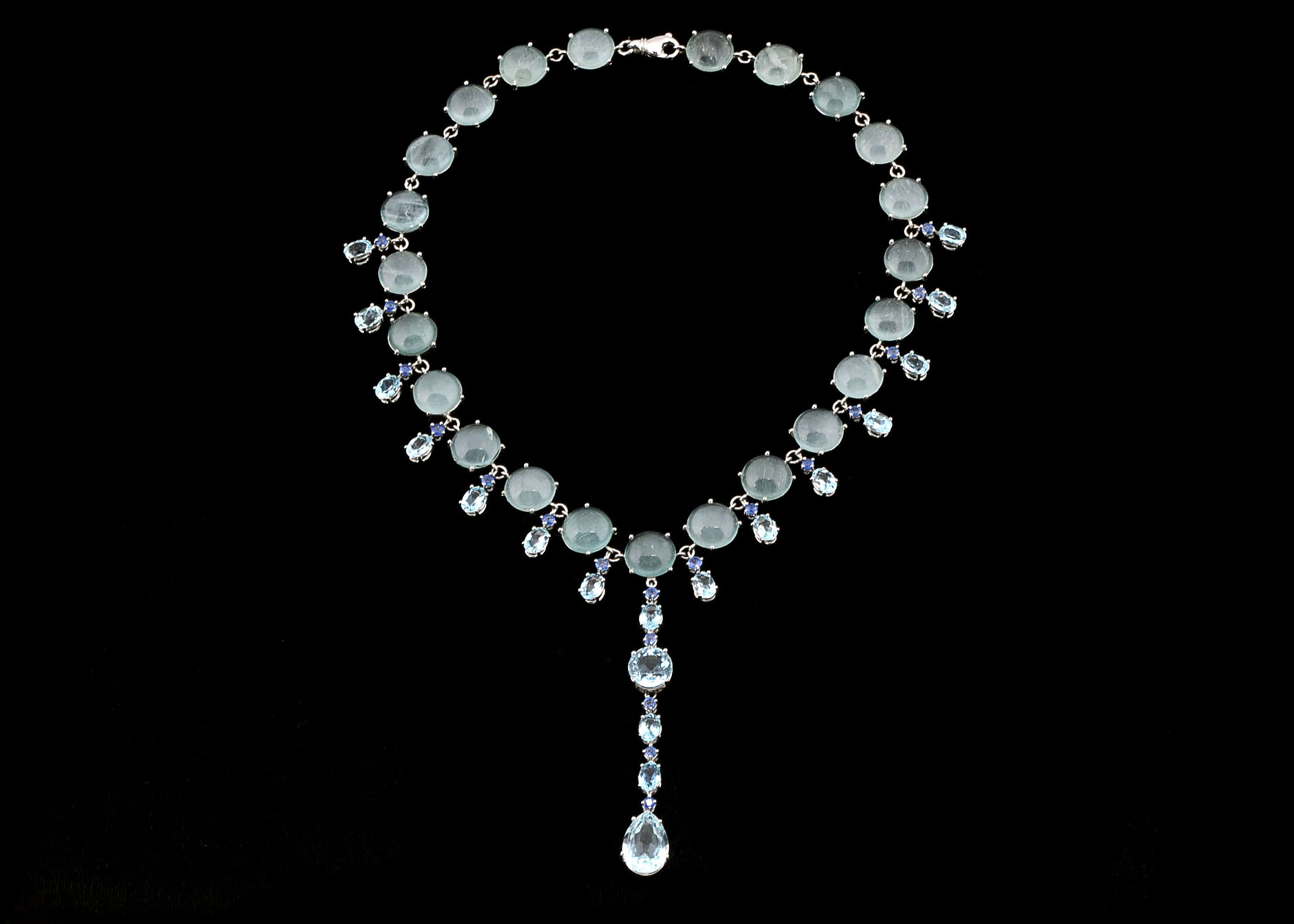 Custom Made 18K White Gold Aquamarine, and Blue Sapphire Necklace