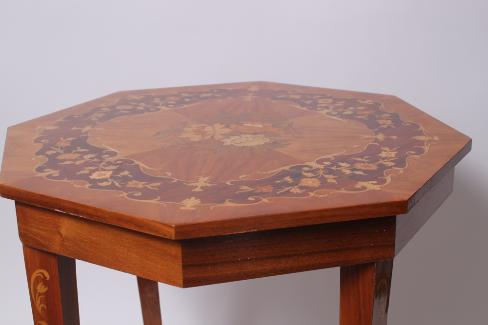 Vintage Octagon Inlaid Italian Music Box Table