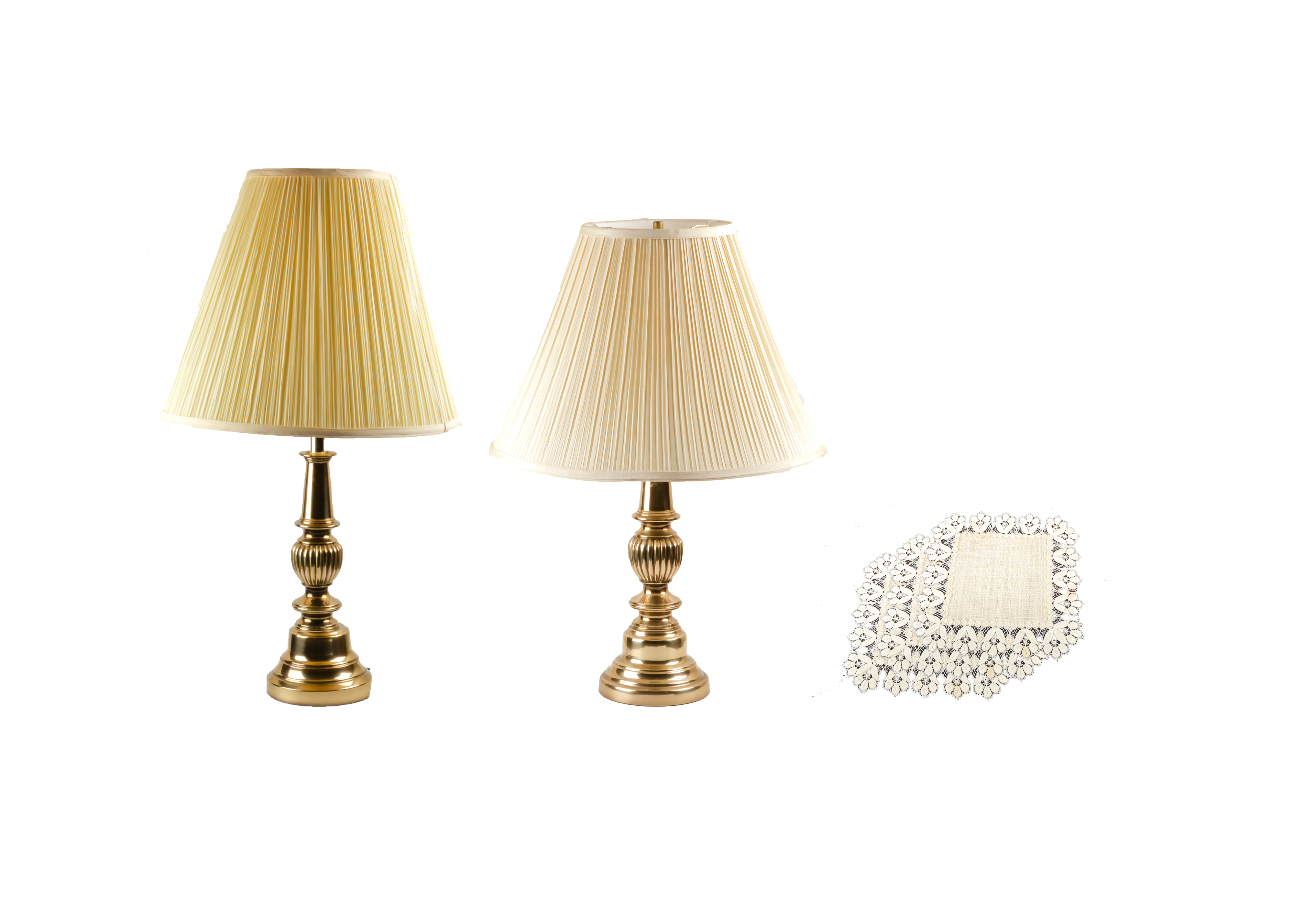Pair of Gold Tone Accent Lamps with Woven Cotton Doilies