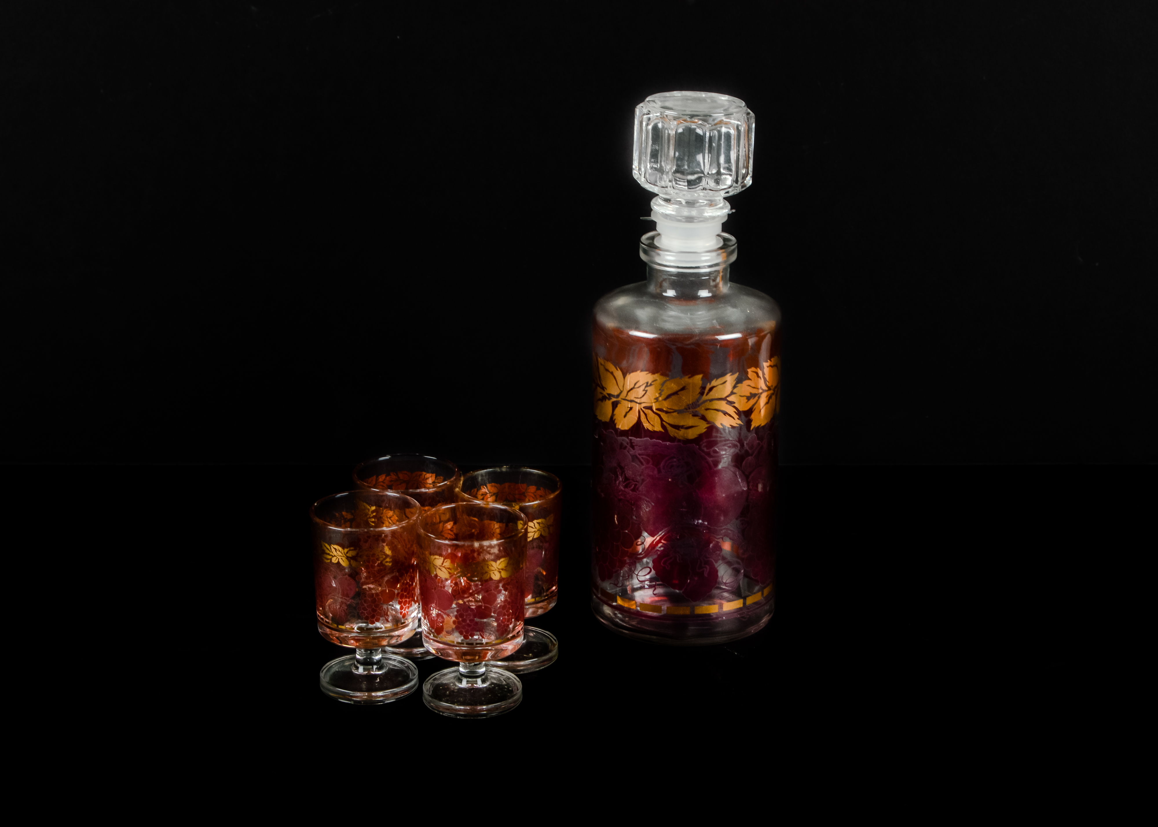 Purple and Gold Decanter and Shot Glass Set