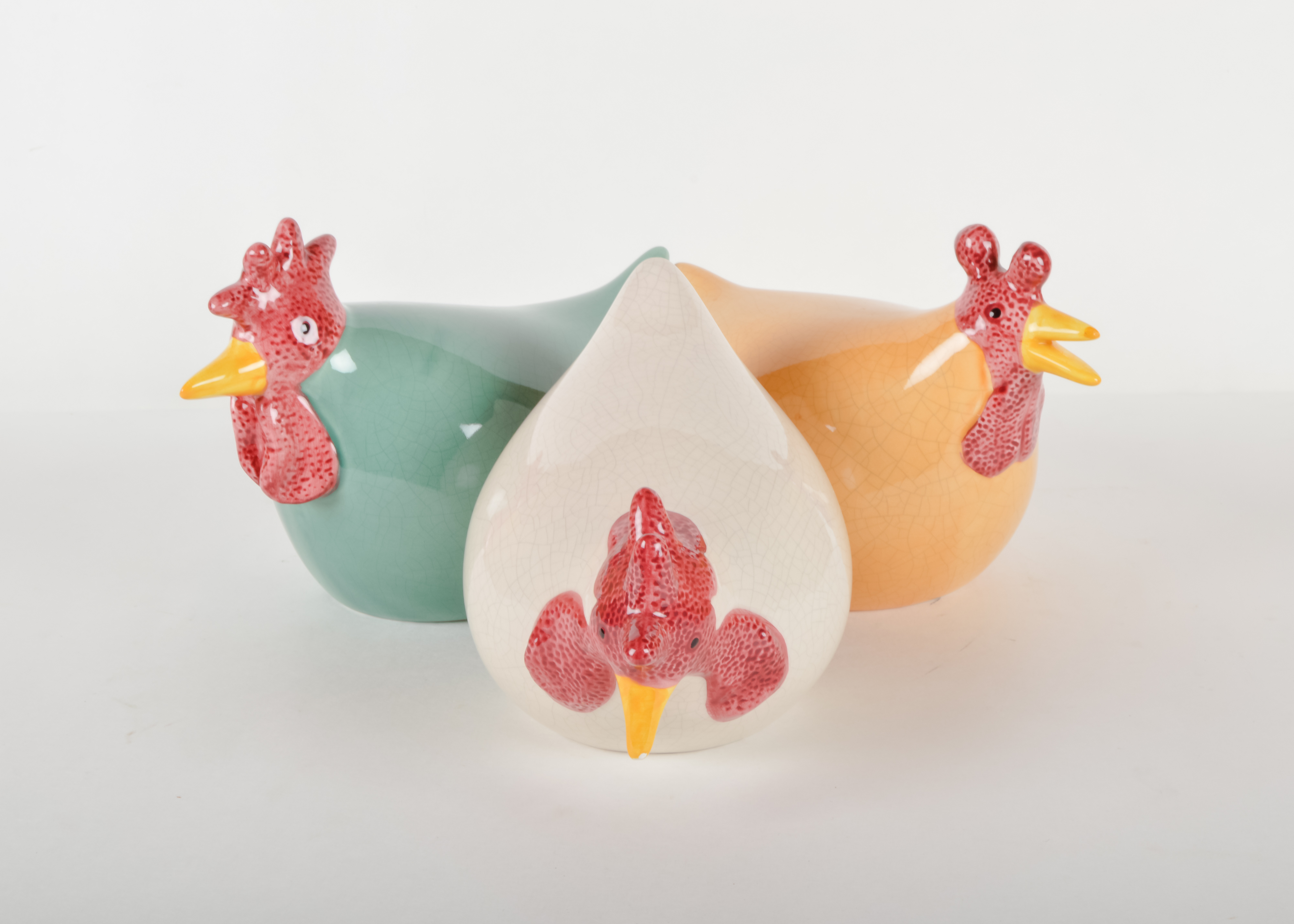 Trio of Ceramic Painted Hens in Solid Colors