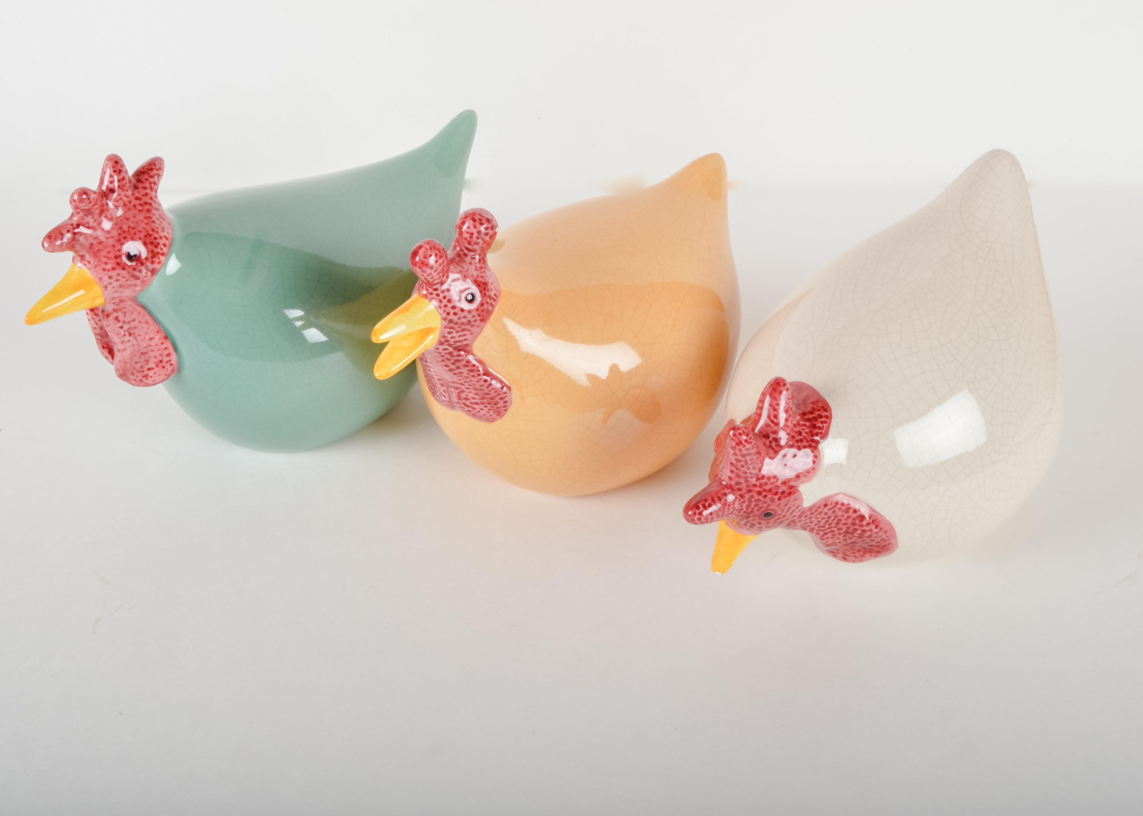 Trio of Ceramic Painted Hens in Solid Colors