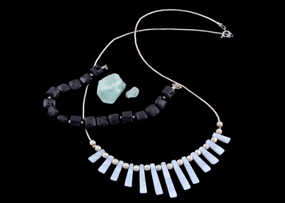 Blue Agate Necklace, Faux Coral Bracelet, and Loose Quartz Stone