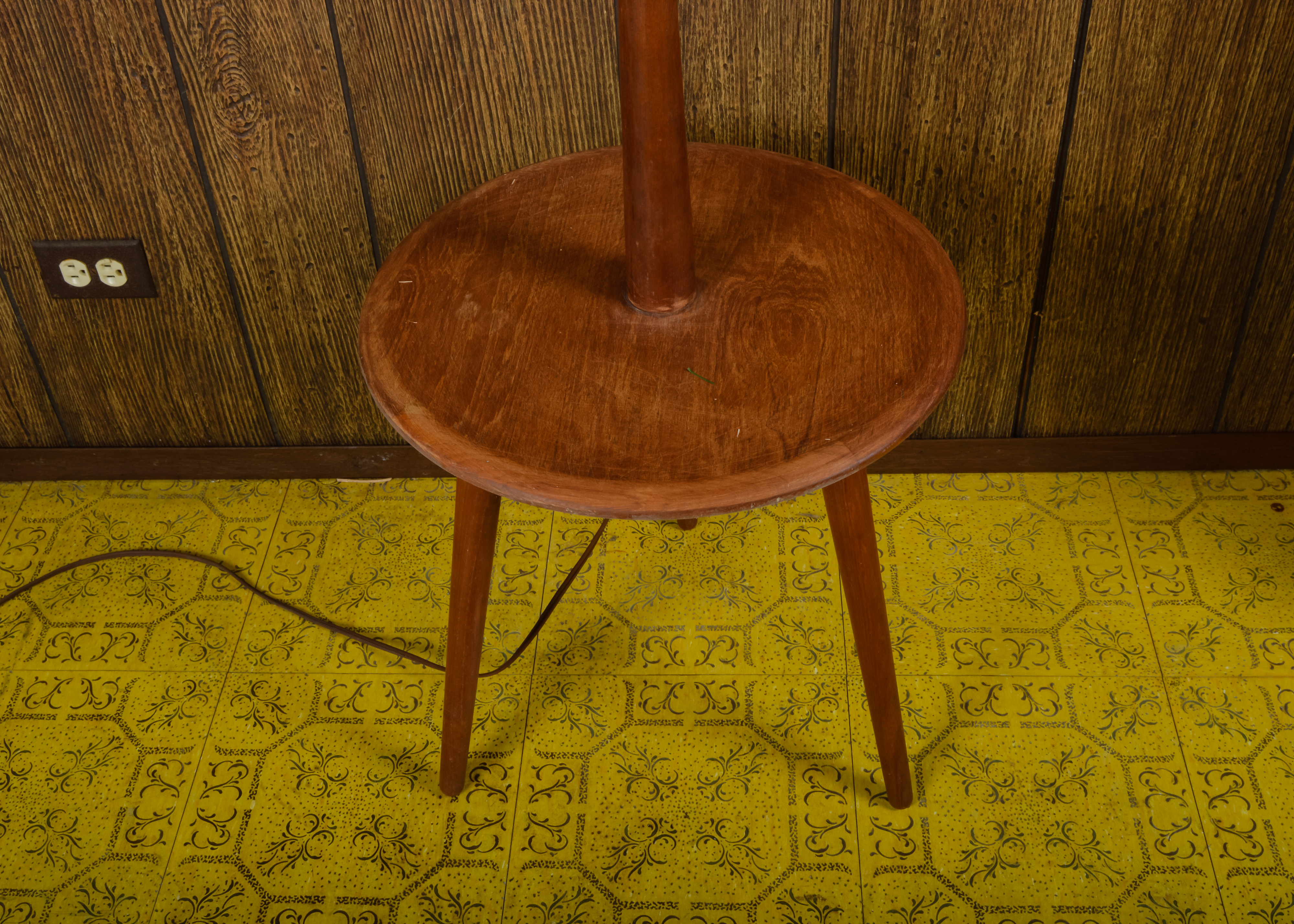 Vintage Wooden Floor Lamp with Table and Straw Shade