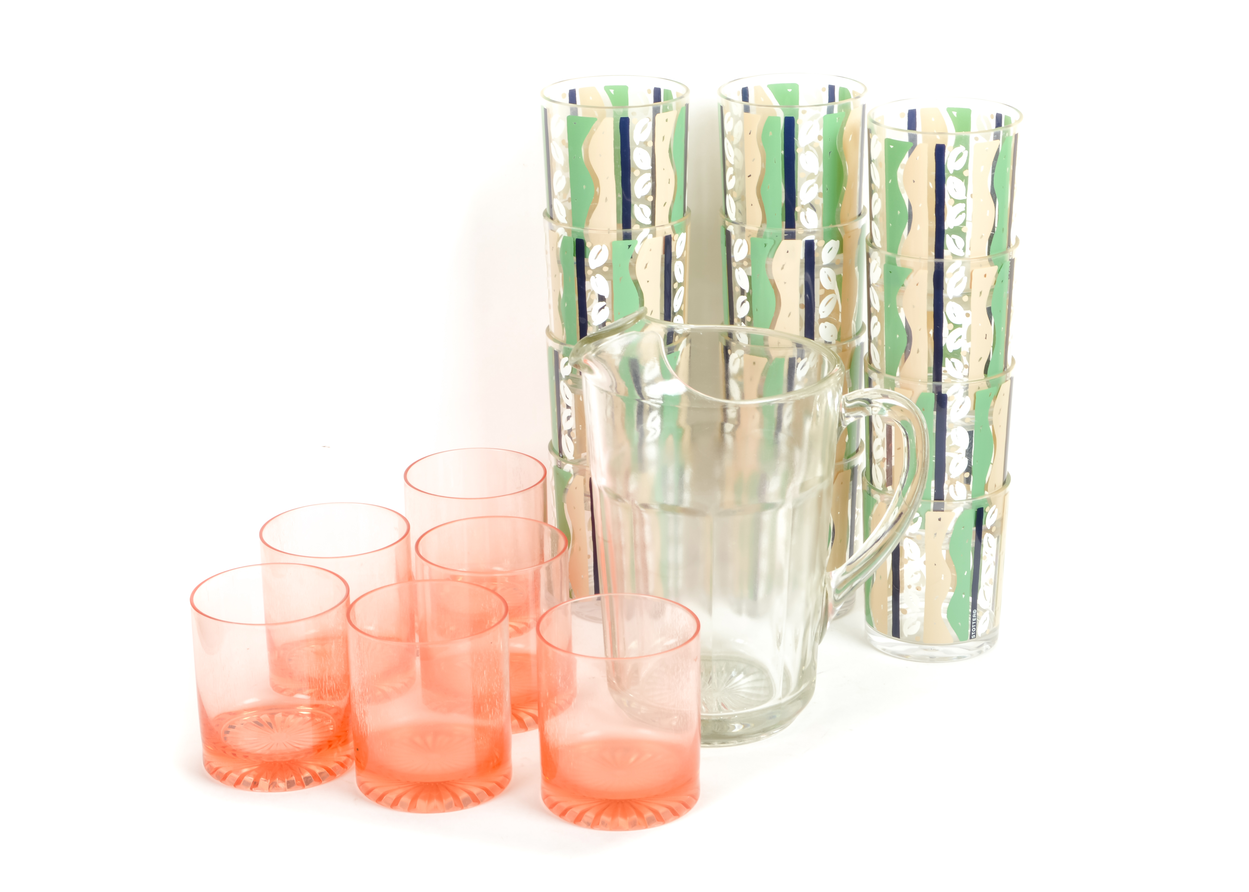 Set of Plastic Cups and a Glass Pitcher