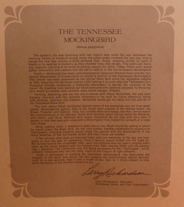 Signed Ralph J. McDonald Tennessee Mockingbird Lithograph