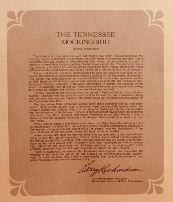 Signed Ralph J. McDonald Tennessee Mockingbird Lithograph