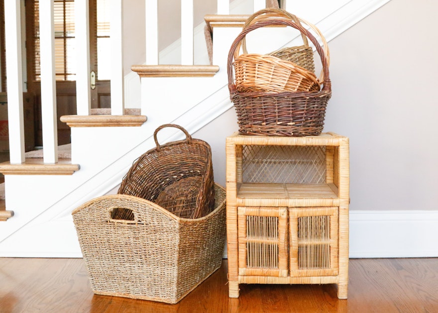Wicker Side Table with Baskets