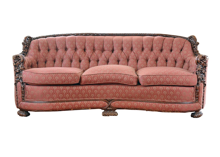 Antique Hand Carved Upholstered Red Sofa