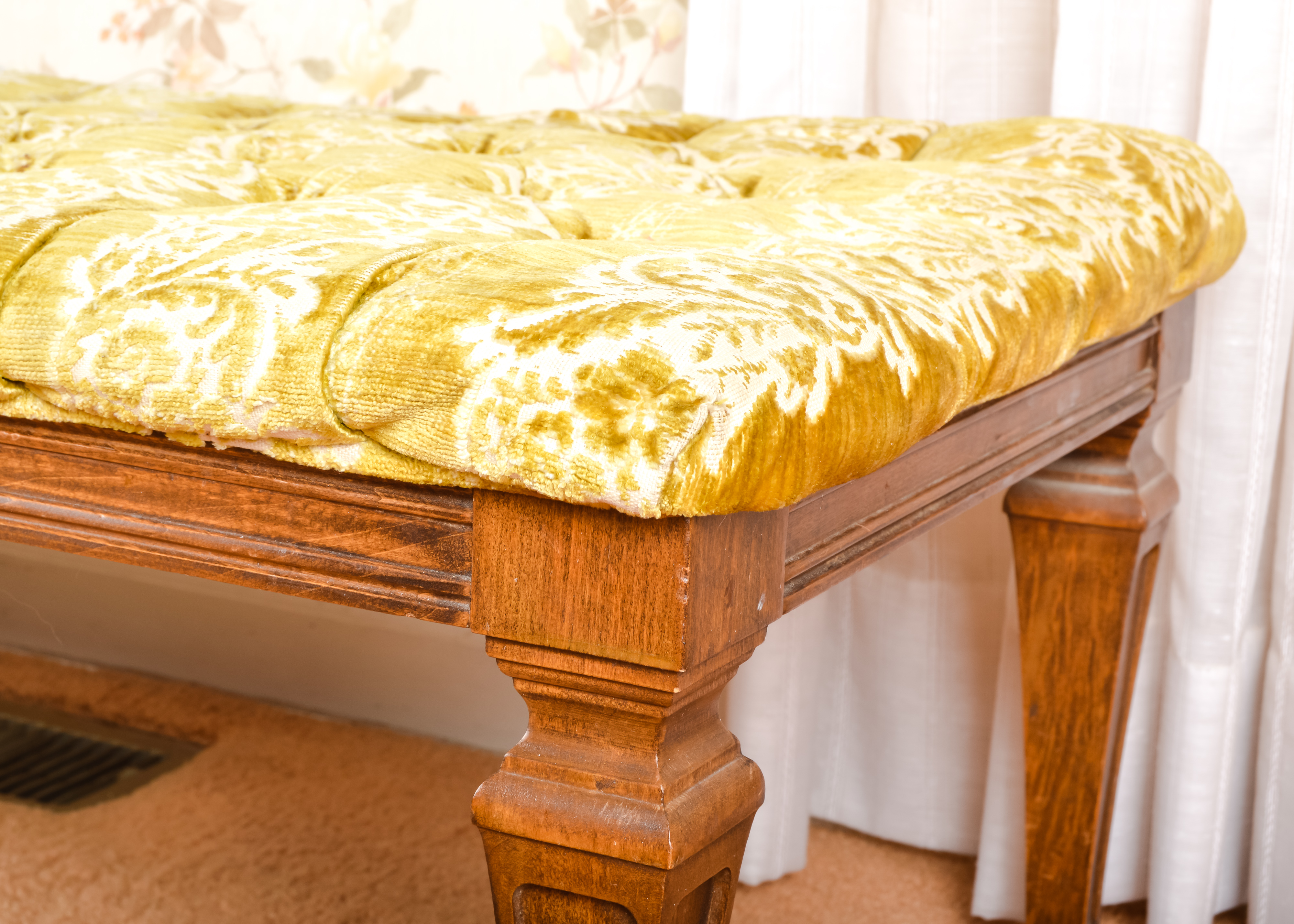 Tufted Chartreuse and White Low Bench