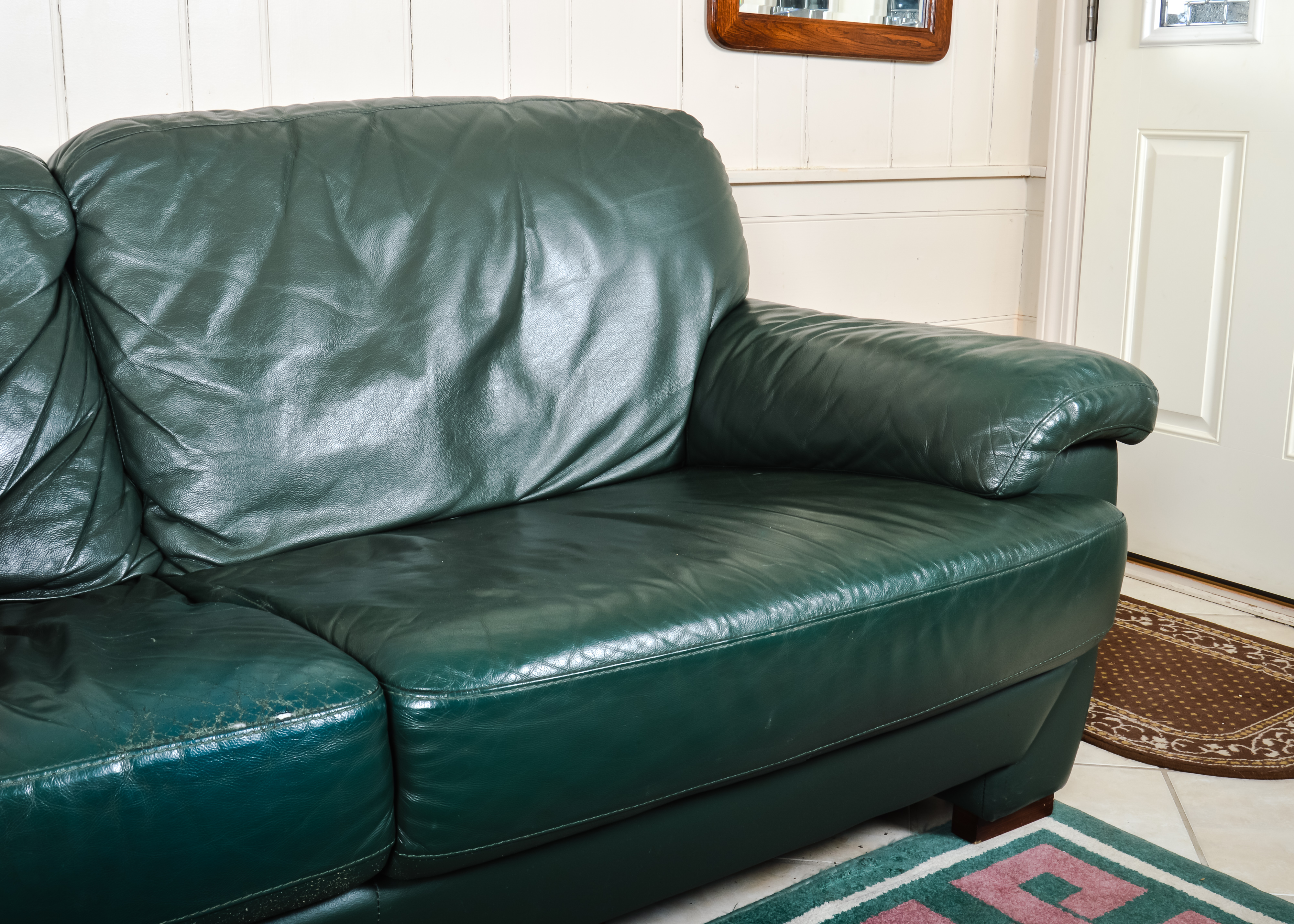 Green Leather Oversized  Loveseat