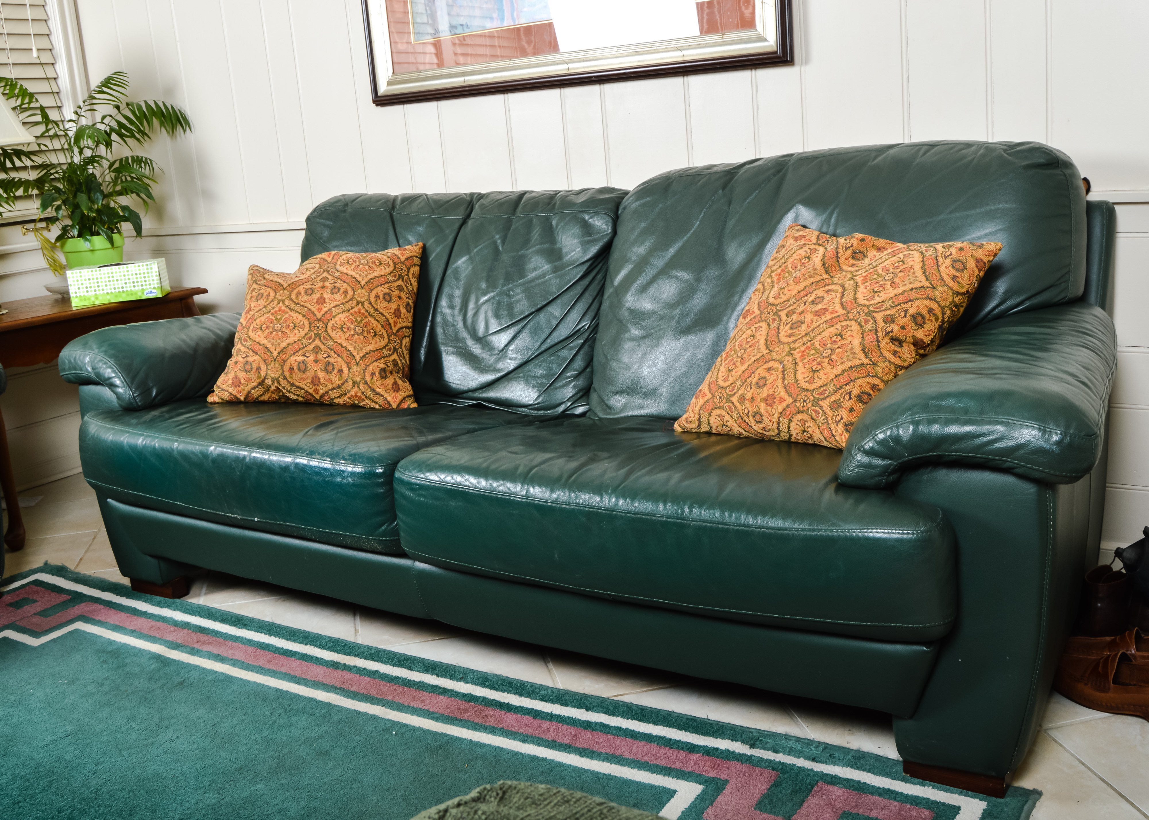 Green Leather Oversized  Loveseat