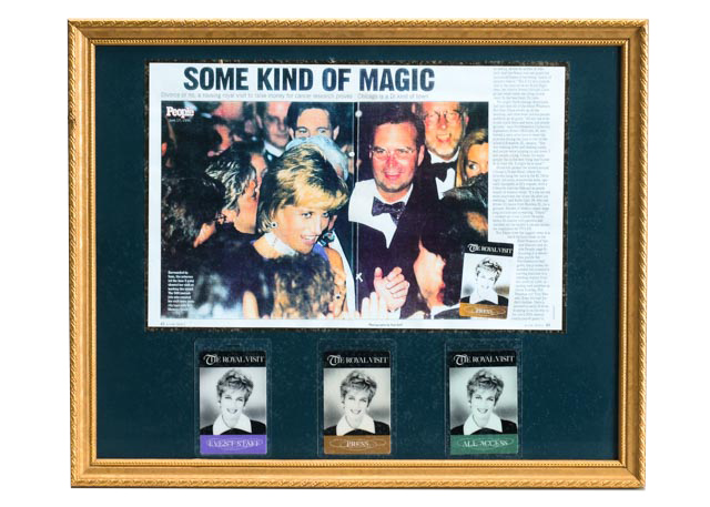 Framed Princess Diana's "The Royal Visit" Press Badges