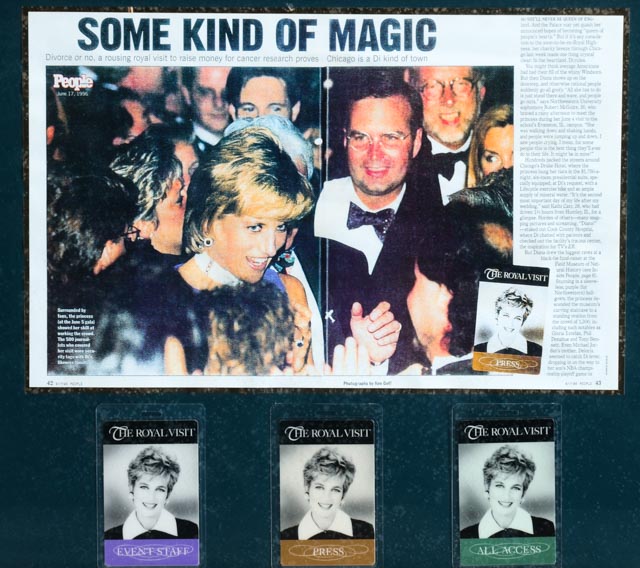 Framed Princess Diana's "The Royal Visit" Press Badges