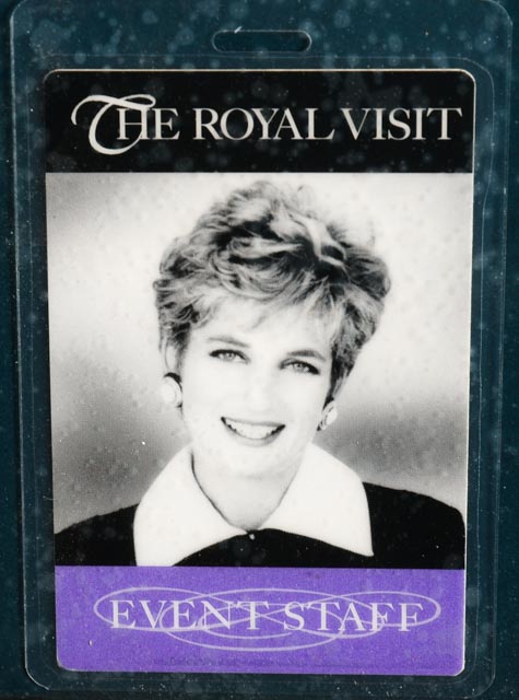 Framed Princess Diana's "The Royal Visit" Press Badges