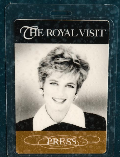 Framed Princess Diana's "The Royal Visit" Press Badges