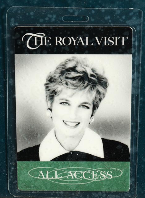 Framed Princess Diana's "The Royal Visit" Press Badges