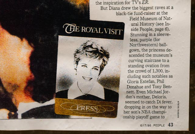 Framed Princess Diana's "The Royal Visit" Press Badges