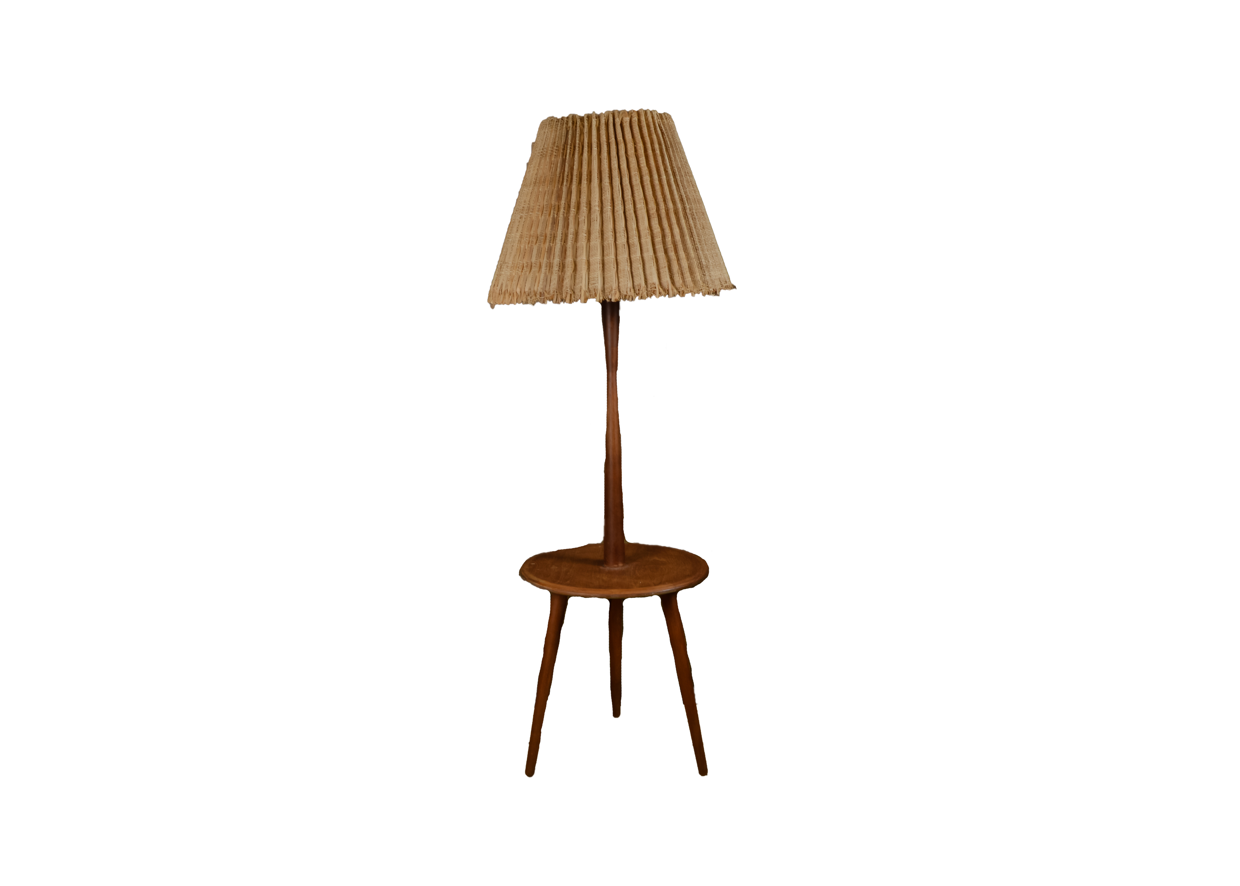 Vintage Wooden Floor Lamp with Table and Straw Shade