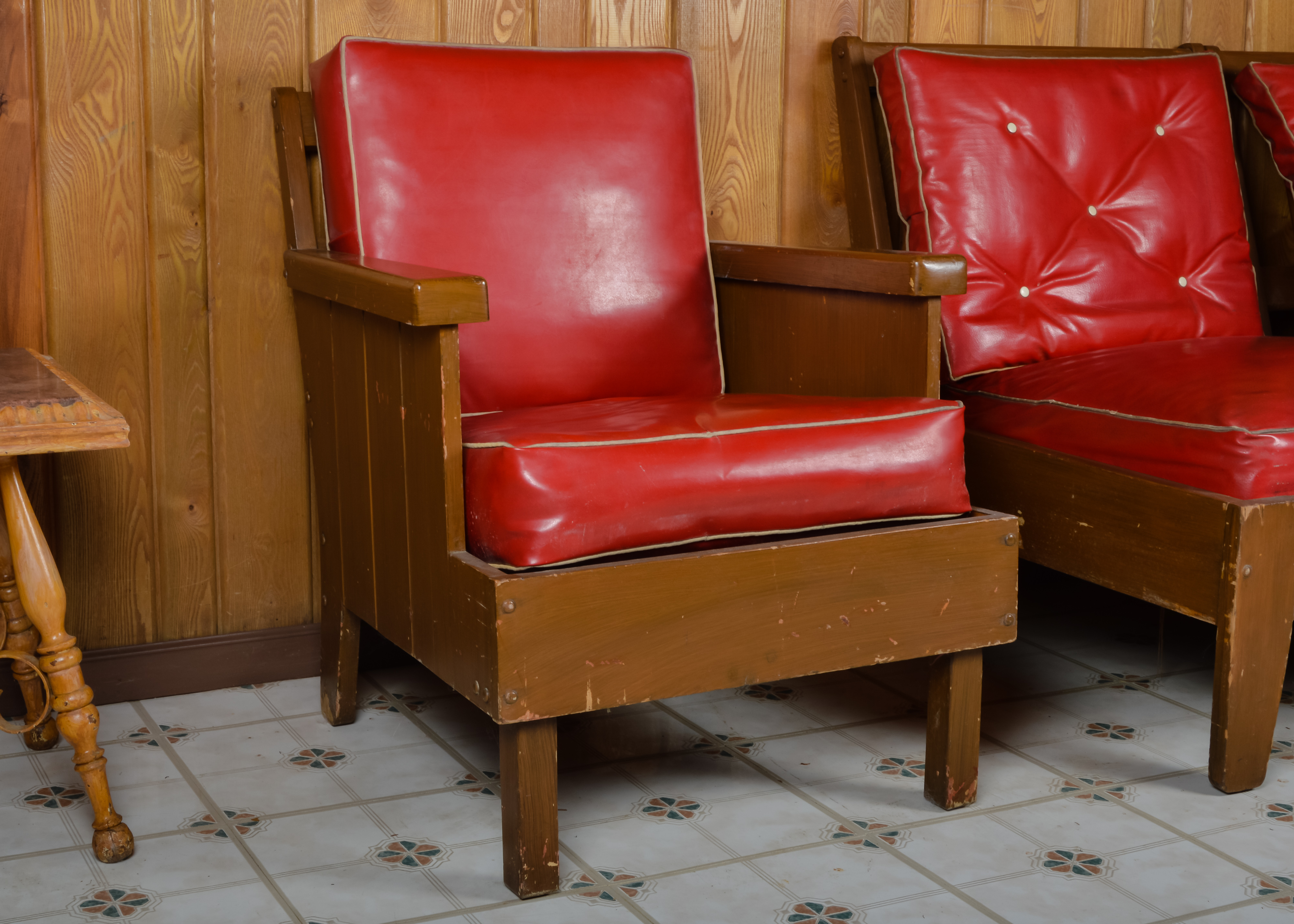 Vintage Red Vinyl Arm Chair with Square Legs